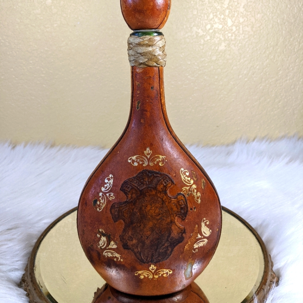 Vintage Mid Century Leather Italy Wine Bottle And Lid Decanter